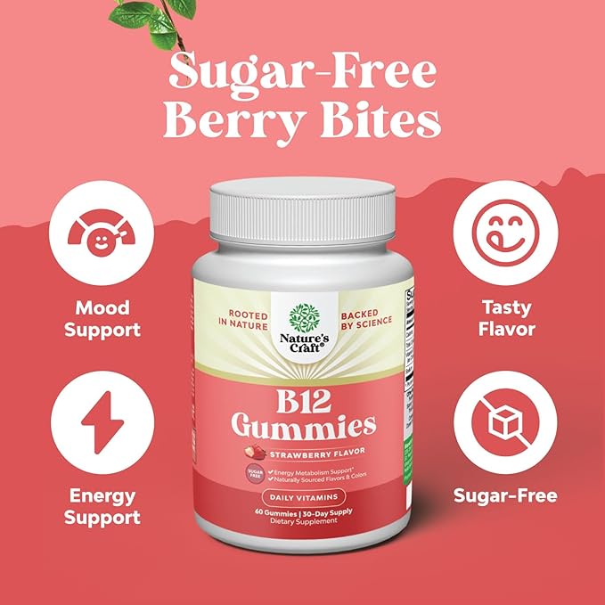 Vitamin B12 Gummies for Adults - Sugar Free Vitamin B12 1000 mcg Chewable Gums for Energy & Mood Support Immune & Nerves Health - Kosher Non-GMO & Gluten Free Supplement for Women & Men - 60 Count