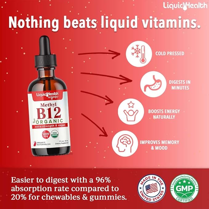 LIQUIDHEALTH USDA Organic Methyl Vitamin B12 Methylcobalamin Liquid Drops with Tart Cherry Juice - Boost Energy, Immune Support, Improve Memory & Concentration - USA Made, Vegan, Non-GMO (2 oz)