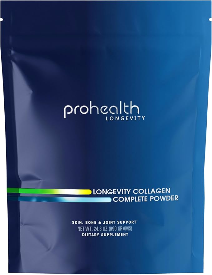 ProHealth Longevity Collagen Complete Powder - for People Over 40. 20g Multi Collagen. Hyaluronic Acid. for Joints, Bones, Hair, Skin, Muscles, Gut - 30 Servings
