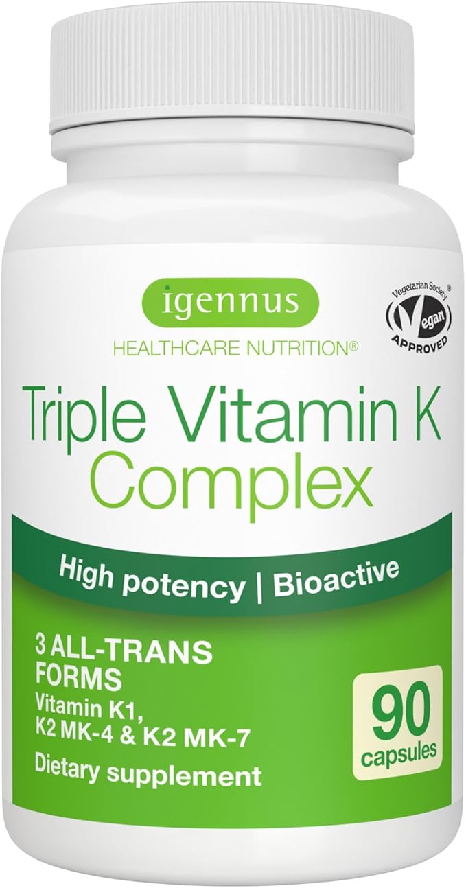 Igennus High Strength Triple Vitamin K Complex 2700 mcg, K1 & K2 (MK-4 & MK-7), 1-a-Day, Clean Label, Advanced Bioactive Forms, Bone & Cardiovascular Support, Vegan, 90 Fast Action Capsules