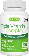 Igennus High Strength Triple Vitamin K Complex 2700 mcg, K1 & K2 (MK-4 & MK-7), 1-a-Day, Clean Label, Advanced Bioactive Forms, Bone & Cardiovascular Support, Vegan, 90 Fast Action Capsules