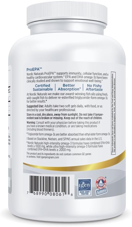 Nordic Naturals ProEPA, Lemon - 180 Soft Gels - 1210 mg Omega-3 - High-Intensity EPA Formula for Healthy Mood, Heart Health & Cellular Function - Non-GMO - 90 Servings