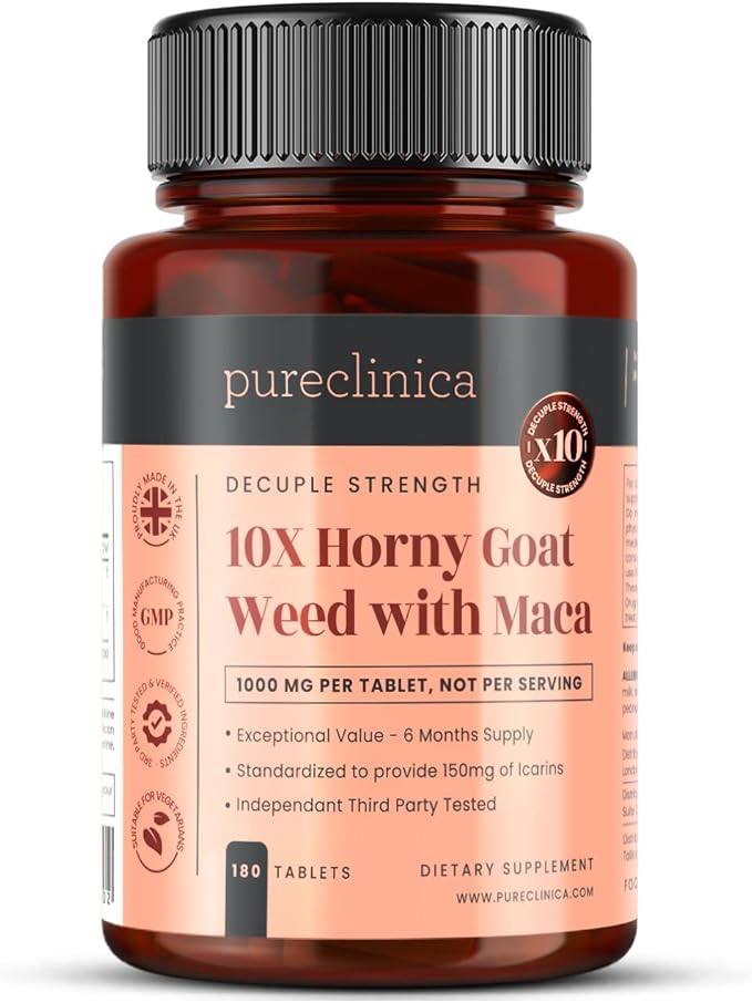 pureclinica Horny Goat Weed & Maca 1000mg – 180 Tablets (6 Month Supply) – 10X Icariins Strength – w/Black Pepper for 300% Absorption – Energy, Libido & Performance Support