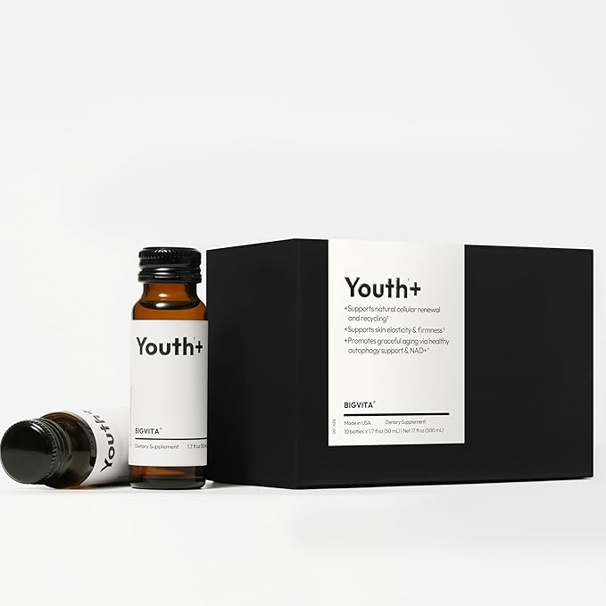 BIGVITA Youth+ | NAD+, Spermidine, and Ergothioneine Shots for Anti-Aging, Energy, Skin & Hair Health, Cognitive Support | Ready-to-Drink Supplement | Beauty from Within | Vegan, Made in USA