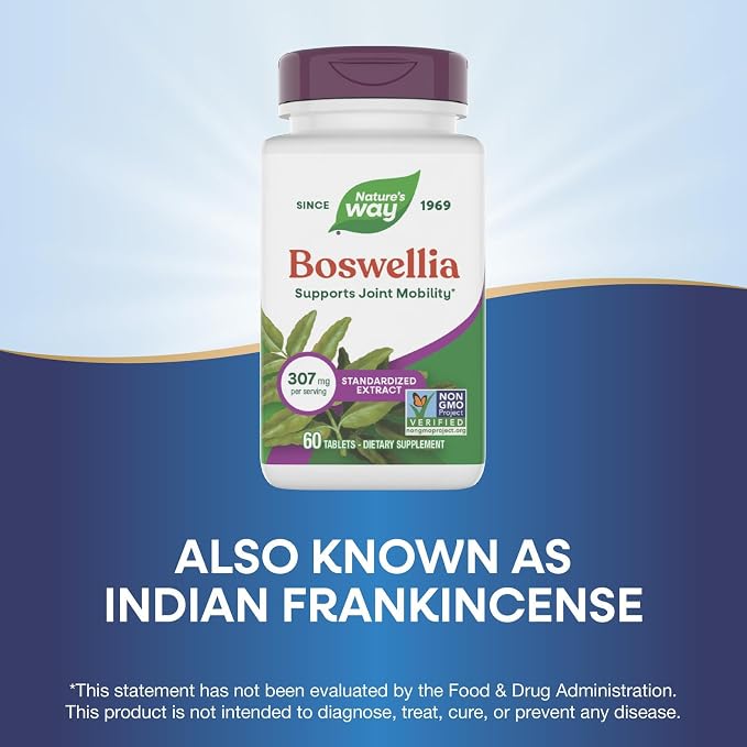 Nature's Way Boswellia Premium Extract, Supports Joint Mobility*, 307 mg Boswellia serrata Extract per Serving, Frankincense Supplement, Gluten Free & Vegan - 60 Tablets (Packaging May Vary)