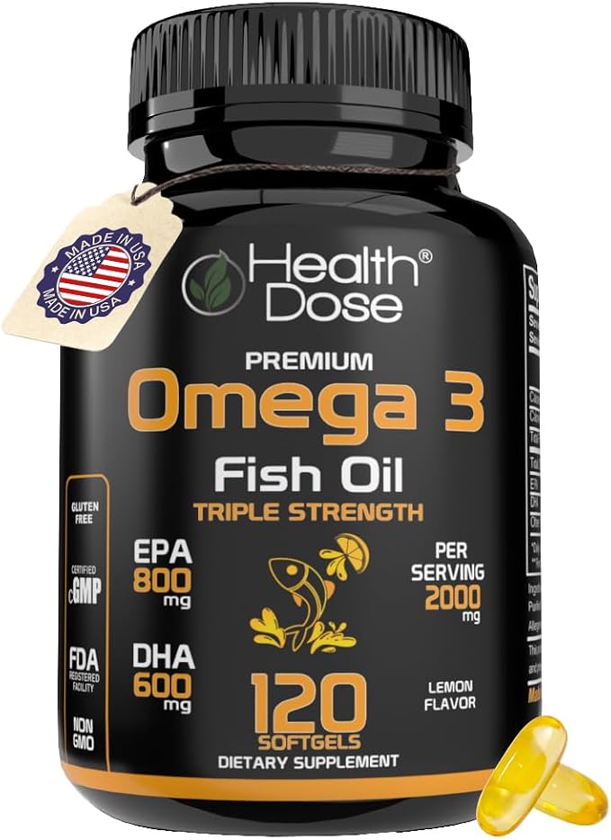Health Dose Omega 3 Fish Oil 2000mg – Lemon-Flavored Softgels with EPA 800mg & DHA 600mg for Brain, Heart, and Wellness Support – Easy-to-Digest, No Fish Burps – 120 Softgels, 2-Month Supply