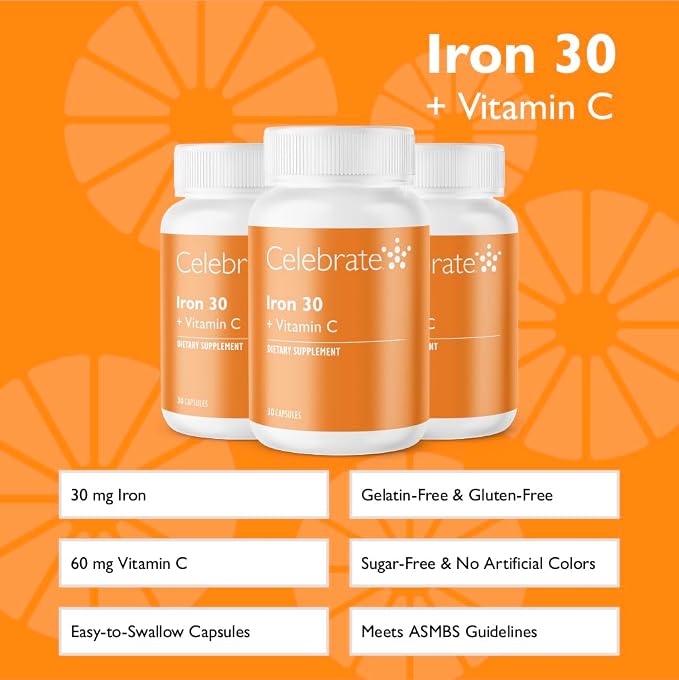 Celebrate Vitamins Iron Supplement with Vitamin C - 30mg Iron, 60mg Vitamin C, Bariatric Vitamins for WLS Patients, Vertical Sleeve & Gastric Bypass Surgery – 90 Capsules