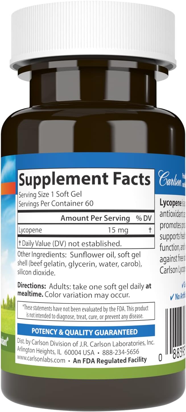 Carlson - Lycopene, 15 mg, Tomato-Free, Prostate Health & Circulation Support, Optimal Wellness, 60 Softgels