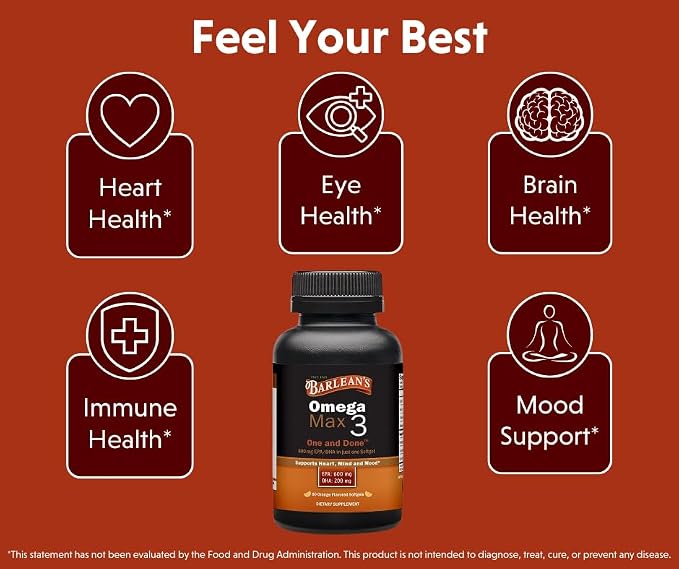 Barlean's Ideal Omega Max 3 Fish Oil Supplements, 1000 mg Softgels, EPA and DHA Fatty Acid Pills for Men and Women, Orange Flavor, 60 Count
