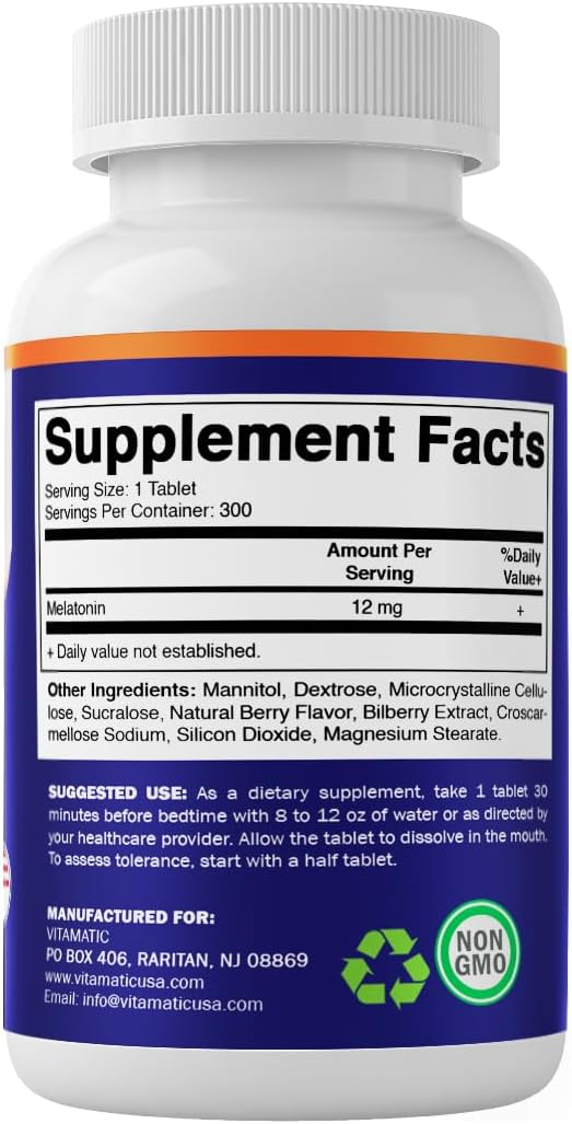 Vitamatic Melatonin 12 mg – Natural Berry Flavor – 300 Fast Dissolve Tablets – Formulated by Healthcare Professionals – Non-GMO, Gluten Free