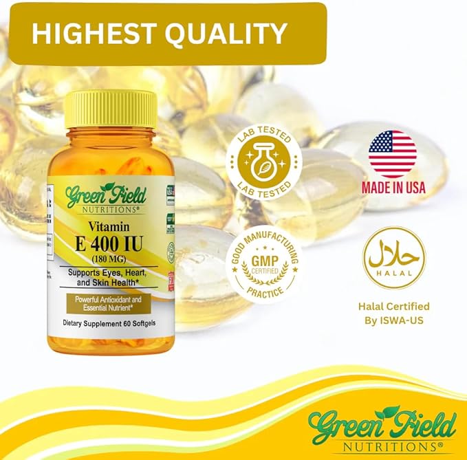 Greenfield Nutritions Halal Vitamin E 400 IU Softgels (180mg) 60 Counts – Dietary Supplement for Skin, Heart, Eye, and Immune Health Support – 2 Month Supply