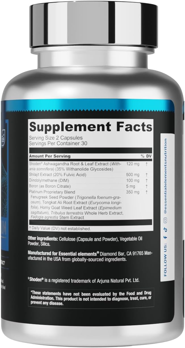 Essential Elements T-Hero Platinum - Daily Testosterone Support for Men - Promotes Vitality & Drive - Testosterone Supplement with Shoden Ashwagandha, Shilajit, Boron, DIM - 60 Count - 30 Servings