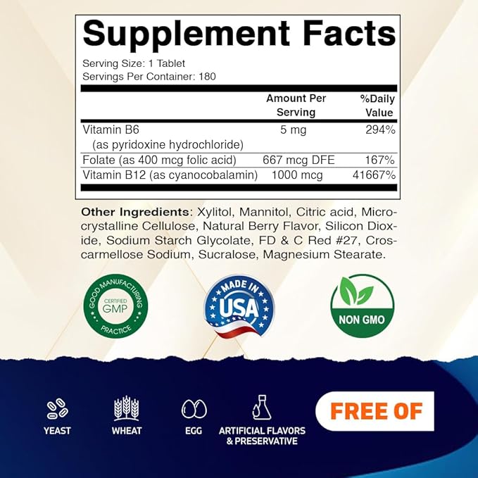 Vitamatic Folic Acid, Vitamin B12 & B6 – 180 Fast Dissolve Tablets Heart Health, Energy Production & Red Blood Cell Support