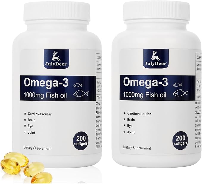 2 Bottles of Omega 3 Fish Oil Concentrate Supplement 1000 mg, with EPA and DHA, Support Heart, Joint, Brain, and Eye Health, 400 Softgels