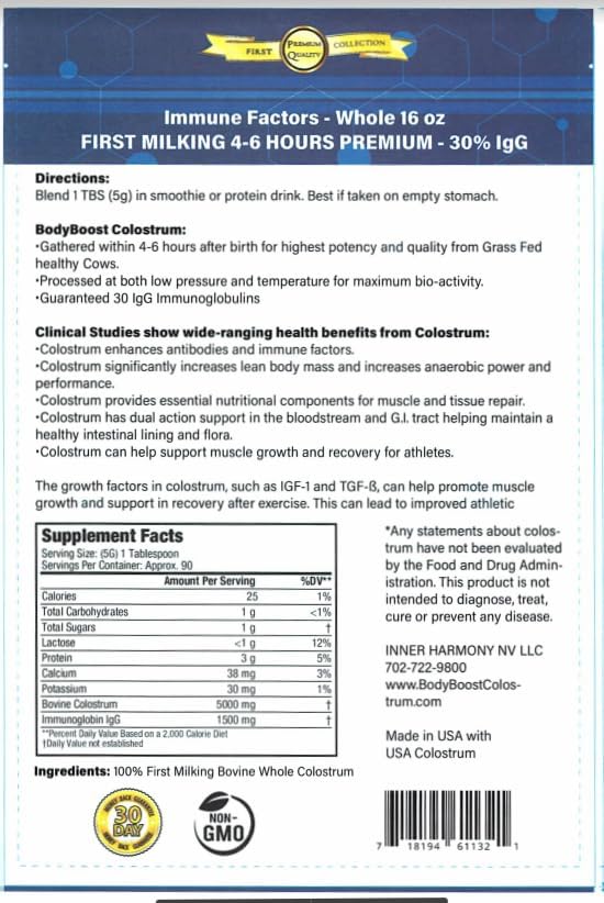 BodyBoost Premium Colostrum Whole, 100% Bovine Colostrum Powder, Immune Booster Supplement with Immunoglobulin & Lactoferrin, Grass Fed Colostrum Powder, Gut Health, Diverse Intake,16 oz