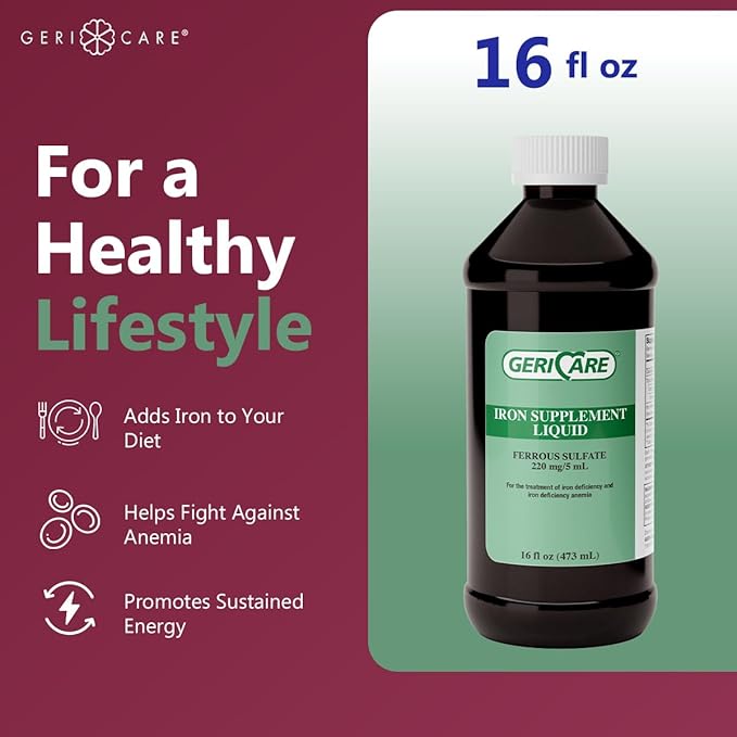 GeriCare High Potency Liquid Iron Supplement | Liquid Iron for Adults | for Anemia and Iron Deficiency | 220mg of Iron Per 5mL Dose. (Pack of 2)