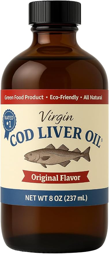 Virgin Cod Liver Oil - 8 Fl oz Natural, Sustainably sourced, Wild Caught & Fresh Tasting. High in Vitamin D, Omega 3 DHA/EPA (Lemon and Peppermint Flavored)