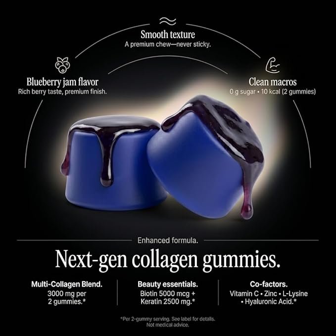 Collagen Peptides Gummies Sugar Free 3000mg Multi Collagen Blend for Hair Skin & Nails Support + 2500mg Keratin + 5000mcg Biotin, Hyaluronic Acid, Vitamin C & Zinc, 60 Gummies (Packaging May Vary)