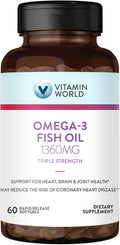 Vitamin World Triple Strength Omega 3 Fish Oil 1360 mg Supplement, 950 mg Active Omega-3 Fatty Acids with EPA & DHA, Supports Heart, Brain & Joint Health, Gluten Free, 60 Softgels, 2 Months Supply