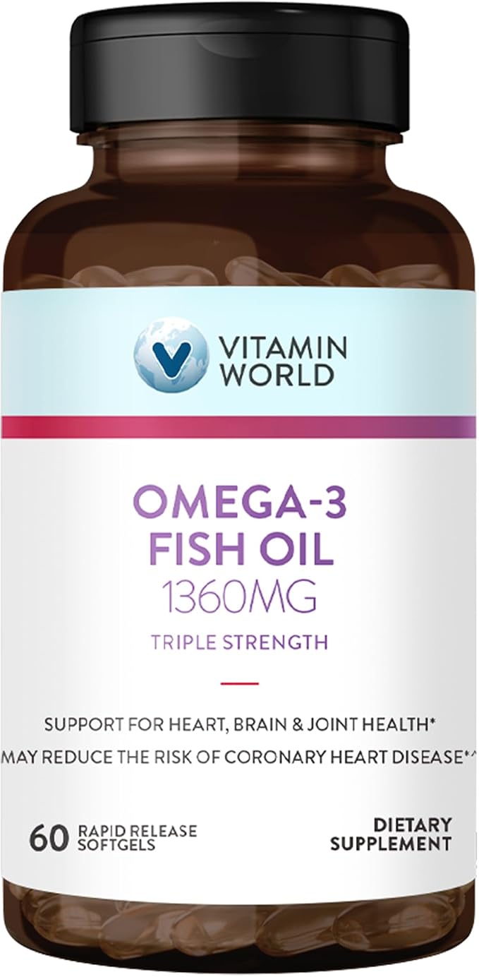 Vitamin World Triple Strength Omega 3 Fish Oil 1360 mg Supplement, 950 mg Active Omega-3 Fatty Acids with EPA & DHA, Supports Heart, Brain & Joint Health, Gluten Free, 60 Softgels, 2 Months Supply