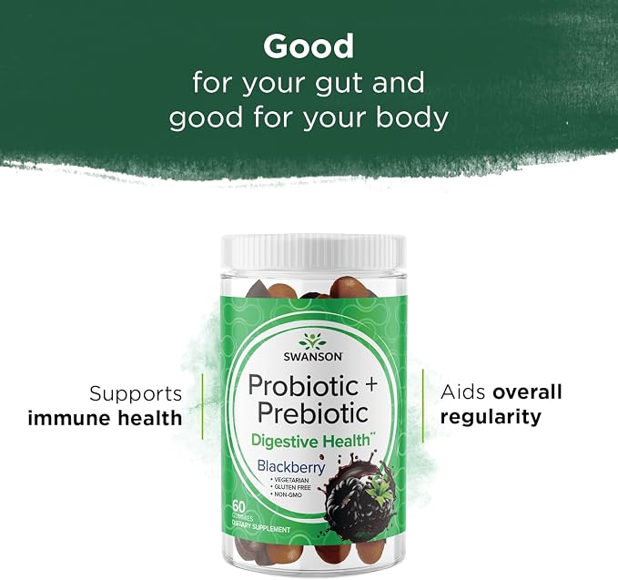 Swanson Probiotic + Prebiotic Gummies - Digestive Support Supplement Promoting Digestive Function & Bowel Regularity - Helps to Support Immune Health - (BlackBerry, 60 Gummies)