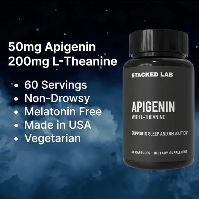 Apigenin with L-Theanine for Better Sleep | Premium Sleep Support, Relaxation, & Sleep Quality Aid | Non-Drowsy, Melatonin Free | 60 Capsules