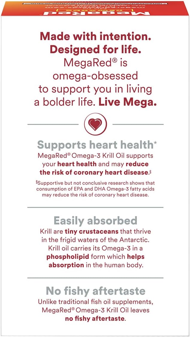 MegaRed Ultra Strength 1000mg Omega-3 Krill Oil Supplement with EPA/DHA, Astaxanthin & Phospholipids, No Fish Oil Aftertaste Supports Heart, Brain, Joint and Eye Health, 60 Count Softgels (3 Pack)