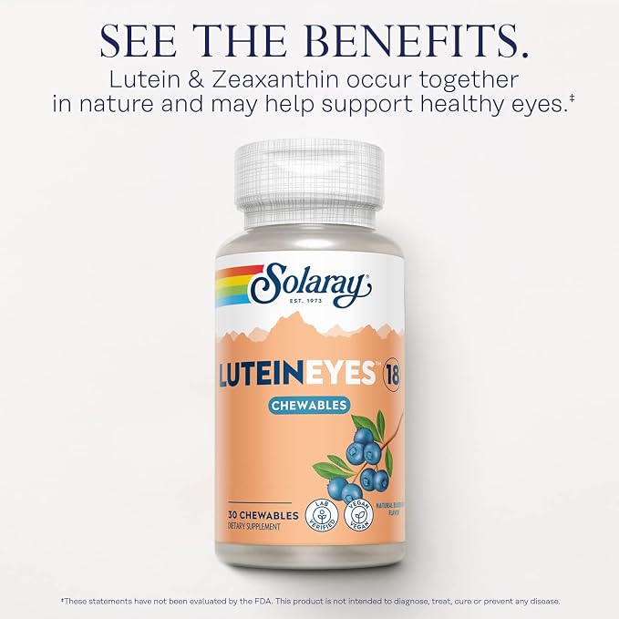 SOLARAY Chewable Lutein Eyes 18 | Eye & Macular Health Support Supplement w/Naturally Occurring Lutein and Zeaxanthin | Non-GMO | 30 Chewables