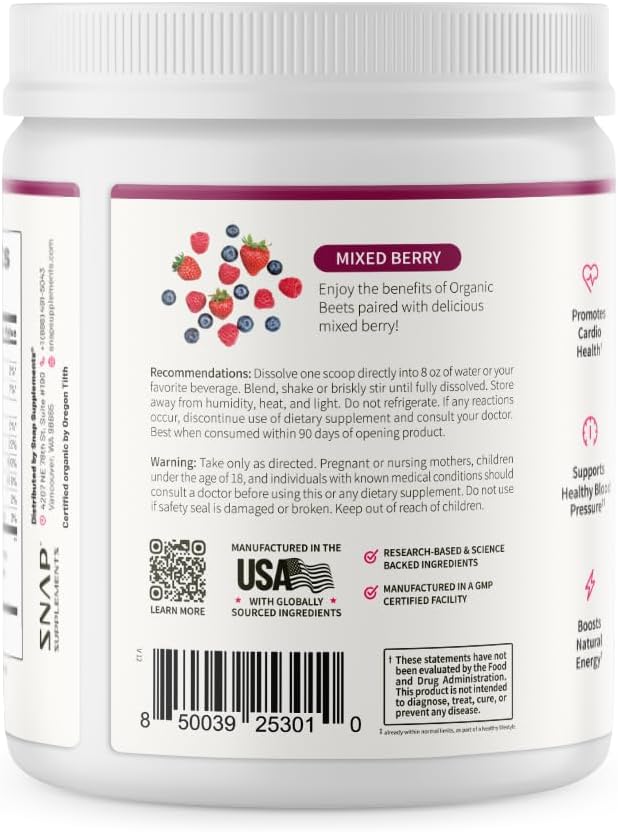 Snap Supplements Organic Beet Root Powder Nitric Oxide Supplement for Men & Women, Red Spinach & Pomegranate, Supports Healthy Energy & Blood Pressure Already in Normal Range, 30 Servings, Mixed Berry