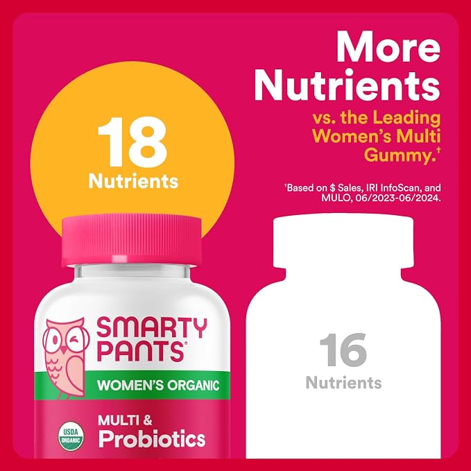 SmartyPants Organic Women's Multivitamin Gummies: Biotin,Probiotics,Methylfolate,Omega 3 (ALA),Vitamin D3,C,Vitamin B12,B6,A,K & Zinc,Inositol,Gluten Free,(30 Day Supply),120 Count (Pack of 2)