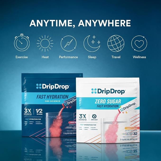 DripDrop Hydration Packets - Juicy Variety Pack - Single Serve Electrolytes Powder Drink Mix - Grape, Fruit Punch, Strawberry Lemonade, Cherry - Non-GMO, Gluten Free, Vegan - 16 Sticks