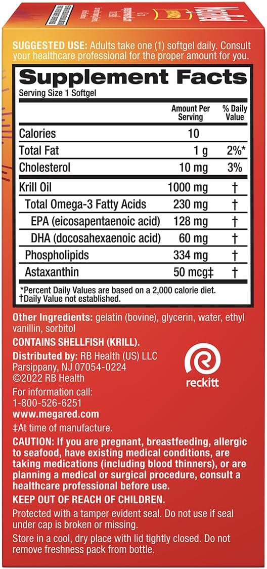 MegaRed Ultra Strength 1000mg Omega-3 Krill Oil Supplement with EPA/DHA, Astaxanthin & Phospholipids, No Fish Oil Aftertaste Supports Heart, Brain, Joint and Eye Health, 60 Count Softgels (3 Pack)