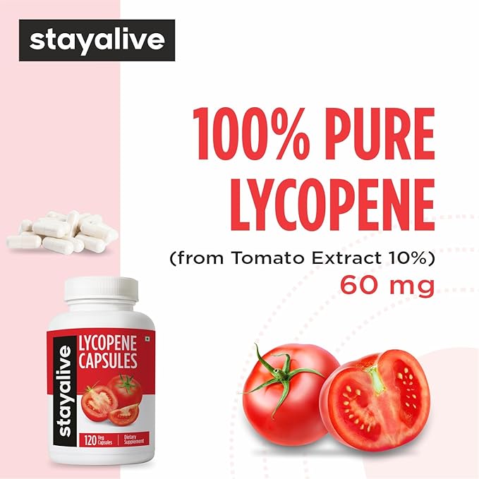 STAY ALIVE Lycopene Supplement for Men 60mg, Natural Tomato Extract Powder, 120 Capsules with 4 Months Supply, 100% Veg Lycopene Complex, Non-GMO and Gluten Free Carotenoid Supplement