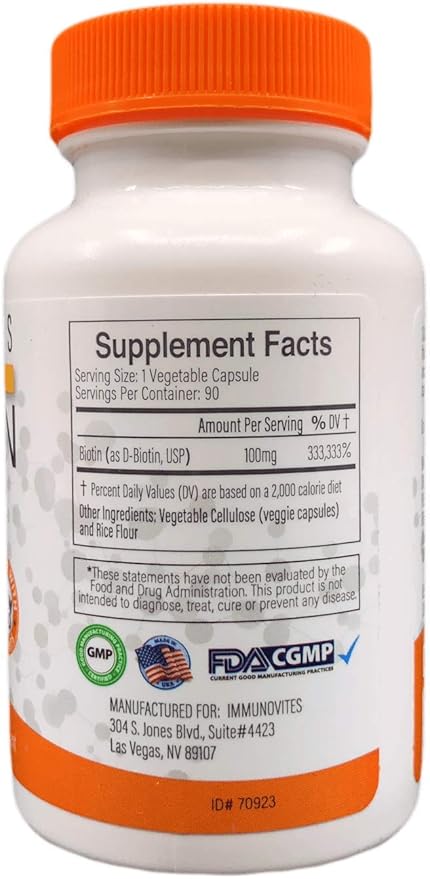 IMMUNOVITES High Dose Biotin (as d-Biotin, USP) 100mg (Equivalent to 100,000mcg) 90 Capsules, High Potency
