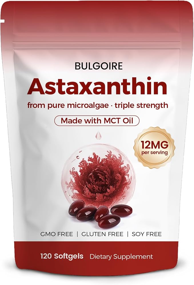 Astaxanthin 12mg with MCT Oil – 120 Softgels, Premium Astaxanthin Organic Supplements, for Kidneys, Eyes & Skin, Natural Microalgae Source, Triple Strength, Non-GMO & Gluten Free (Pack of 1)