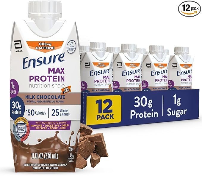 Ensure Max Protein Shake | Milk Chocolate with Caffeine | Ready to Drink | 30g Protein for Muscle Health | 1g Sugar, 4g Fiber | 11 fl oz, 12 Pack