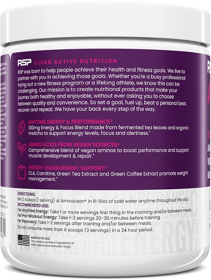 RSP NUTRITION AminoLean Pre Workout Powder, Amino Energy & Weight Management with Vegan BCAA Amino Acids, Natural Caffeine, Preworkout Boost for Men & Women, 30 Serv