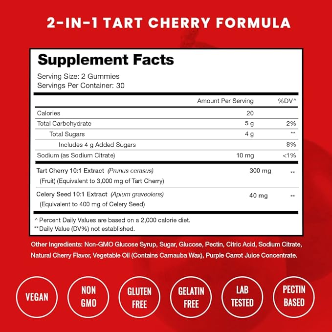NutraChamps Tart Cherry Gummies - Tart Cherry Extract with Celery Seed - 60 Vegan Gummies