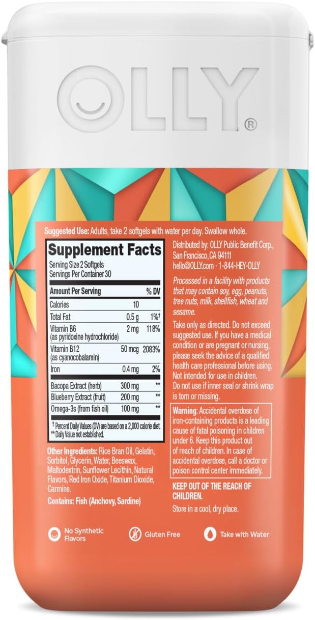 OLLY Ultra Strength Brain Softgels, Nootropic, Supports Healthy Brain Function, Memory, Focus and Concentration, Omega-3s, Vitamins B6 and B12, 30 Day Supply - 60 Count