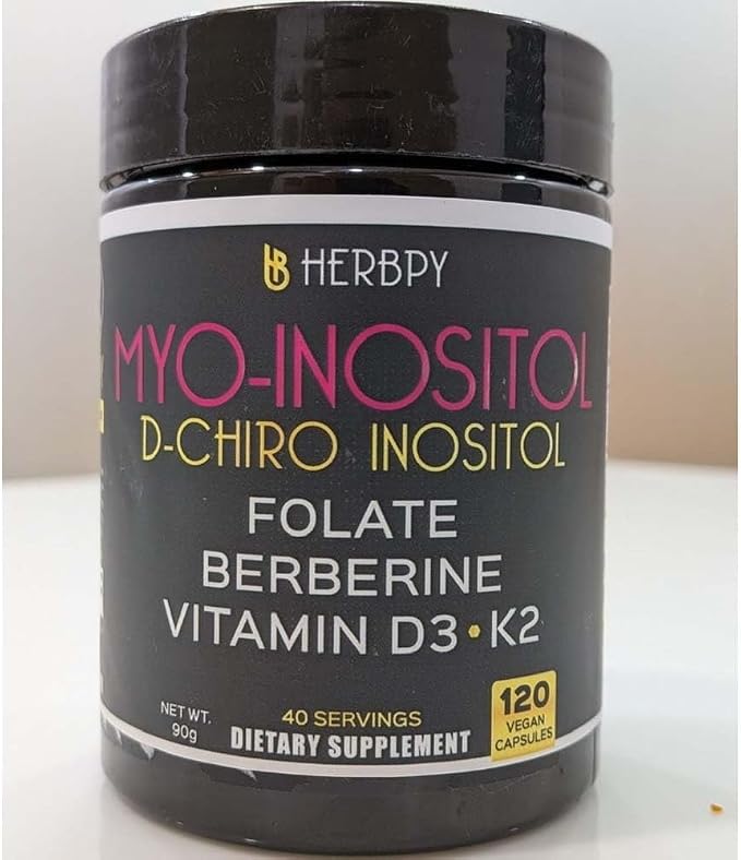 Herbpy 6in1 Premium 40:1 Myo-Inositol & D-Chiro Inositol Supplement for Women with Folate, Berberine HCl 97%, Vitamin D3 & K2 - Hormonal Balance & Ovarian Health Support- 120 Vegan Capsules