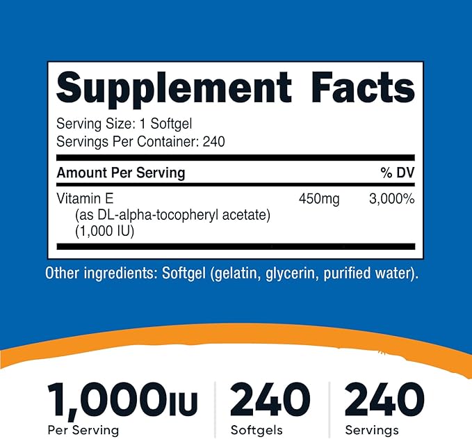 Nutricost Vitamin E 1,000 IU (450mg) 240 Softgels - GMO-Free, Gluten-Free