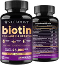 VITBOOST Biotin with Hyaluronic Acid, Collagen and Keratin – 25000 mcg Hair Growth Vitamins for Men and Women – Nails and Skin, USA Made - Third Party Tested, B1, B2, B3, B6, B7 Complex - 60 Capsules