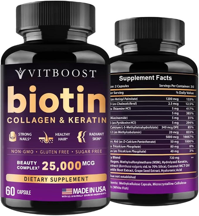 VITBOOST Biotin with Hyaluronic Acid, Collagen and Keratin – 25000 mcg Hair Growth Vitamins for Men and Women – Nails and Skin, USA Made - Third Party Tested, B1, B2, B3, B6, B7 Complex - 60 Capsules