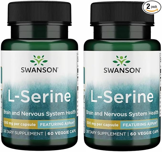 Swanson Ajipure L-Serine - Amino Acid Supplement Supporting Brain Health & Nervous System Function - Natural Formula Promoting Cognitive Function - (60 Veggie Capsules, 500mg Each) (2 Pack)