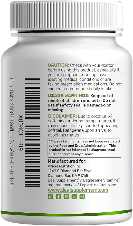 DEAL SUPPLEMENT Vitamin D3 2,000 IU + K2 MK7 50mcg Softgels | 2-in-1 Complex with Virgin Coconut Oil | Supports Heart, Bone, Teeth & Immune Health | Easy to Swallow