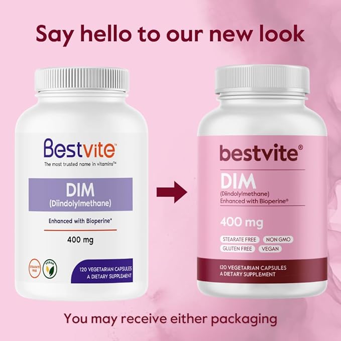 BESTVITE DIM (Diindolylmethane) 400mg with Bioperine (120 Vegetarian Capsules) - No Stearates - No Gelatin - Vegan - Non GMO - Gluten Free