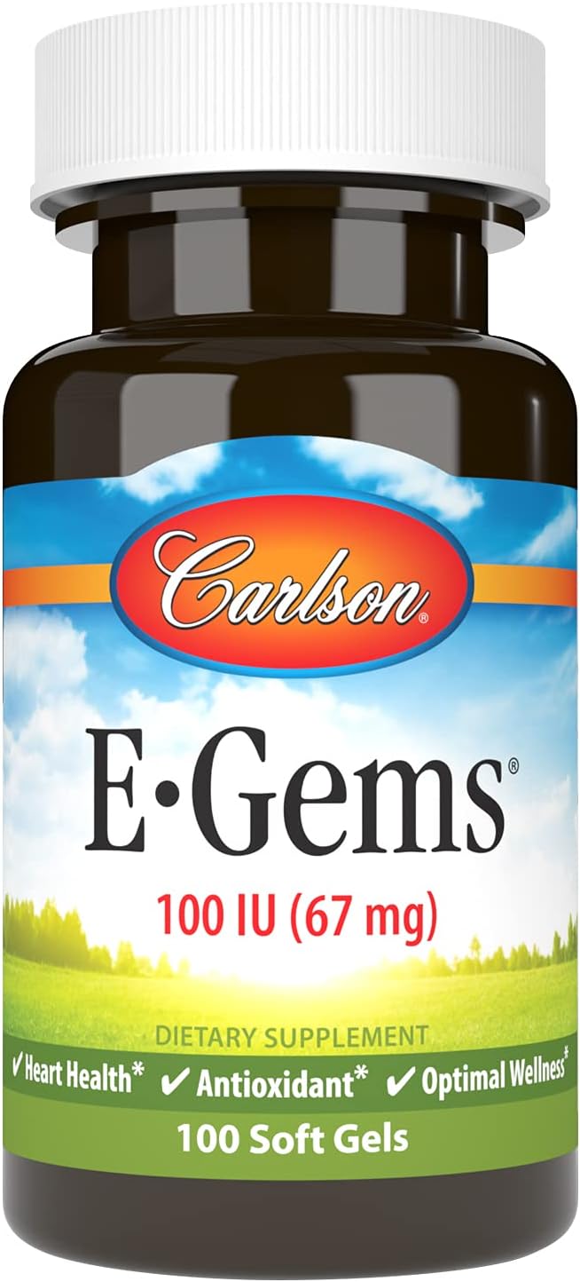 Carlson - E-Gems, 100 IU (67 mg), Natural-Source Vitamin E, Heart Health & Optimal Wellness, Antioxidant, 100 Soft Gels