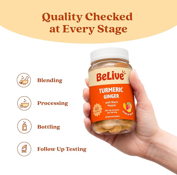 BeLive Turmeric and Ginger Gummies - 500mg - Joint and Mobility Support Supplement - Curcumin with Black Pepper for Enhanced Absorption - Tropical Flavor - 3 Pack, 180 Count