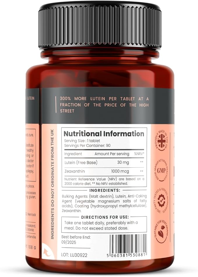 pureclinica Lutein 30mg with Zeaxanthin 1000mcg – Triple Strength Supplement, 90 Tablets (3-Month Supply)