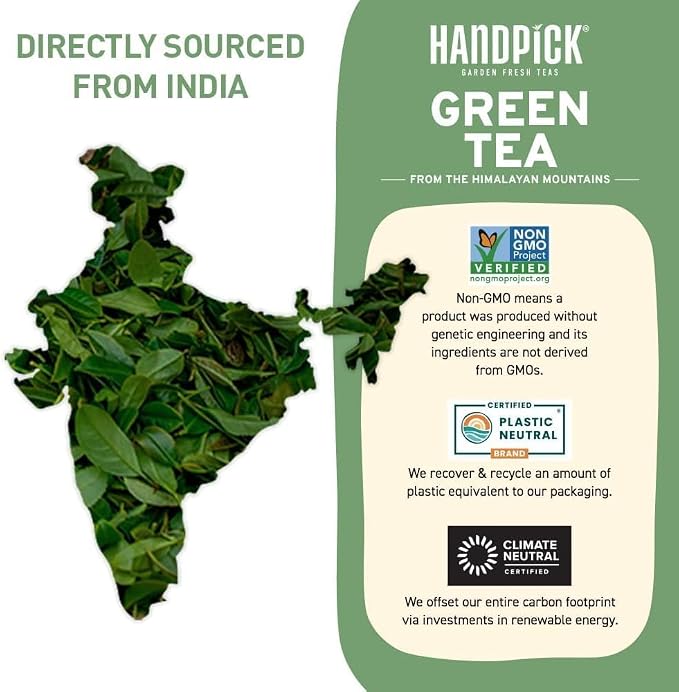 HANDPICK, Green Tea Loose Leaf (255g/9oz) 127 Cups | Non-GMO, 100% Pure Green Tea Leaves Sourced from Himalayas, India | Resealable Ziplock Pouch